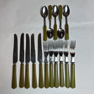 16 Stück Edelstahl Bakelit Tafelgabeln Messer Löffel Avocado Grün Wirbel Art Deco - Bild 1 von 14