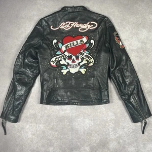 Avirex Christian Aduigier Ed Hardy Leather Motorcycle Bomber Jacket XS 17.5 P2P* - Picture 1 of 10