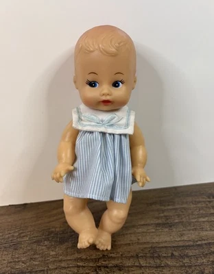 Vintage Tiara Doll Playmates Tiny Tender Touch 8" Baby Doll Blue Stripe Dress - Image 1 of 4