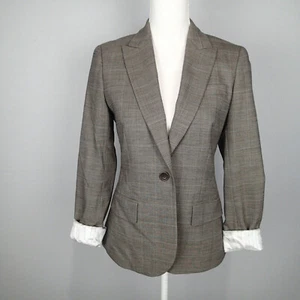 $395 Theory Gabe B Gray brown plaid Blazer  6 Classic Wool Bl Blazer Jacket work - Picture 1 of 12
