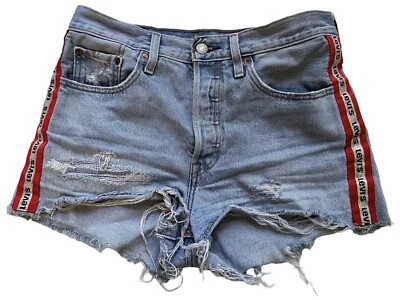Pantalones Cortos Levi's 501 Tiro Alto Logo Rayas Cinta Deportiva Talla 27 Mujer Botón Mosca Foto 1 de 4