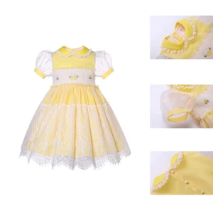 Girls Yellow Organza Smocked Dresses Flower Girls Puff Sleeves Tulle Lace Dress - Picture 1 of 14