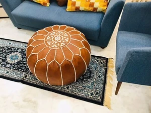 Round Natural Stool Pouffe Moroccan Footstool Leather Brown Bohemian Classic - Picture 1 of 9
