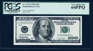 Fr.2175-J 1996 $100 Federal Reserve Note PCGS 64PPQ Serial# AJ06666660A - Picture 1 of 2