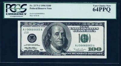 Fr.2175-J 1996  $100 Federal Reserve Note PCGS 64PPQ Serial# AJ06666660A - Image 1 of 2