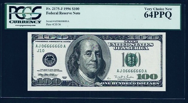 Fr.2175-J 1996  $100 Federal Reserve Note PCGS 64PPQ Serial# AJ06666660A - Image 1 of 2