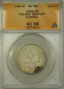 1936 Poland Seaport Silver 5 Zatotych Coin ANACS AU 58 Cleaned Details - Picture 1 of 2