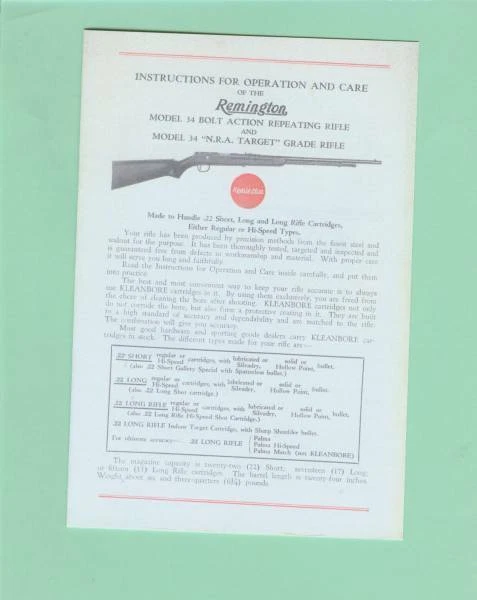 Remington Modelo 34 Reproducción Manual Propietario Foto 1 de 1
