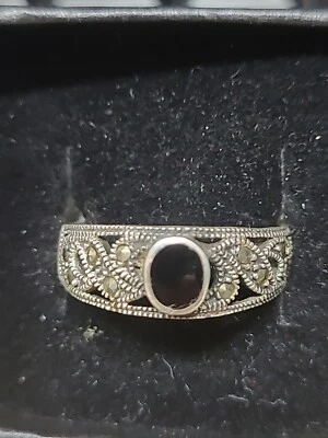 Han Thai 925 Sterling Silver Ring Onyx & marcasite Stone SIZE 9 - Image 1 of 4