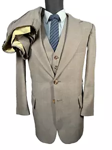 Vintage JC PENNEY Mens Brown GLEN CHECK 3pc VEST Suit 42S Jacket 37x27 Pant - Picture 1 of 16