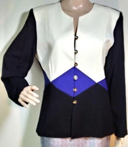 JSJ Petites Vintage Button Jacket 12 Collarless Split Neck Blue Black Colorblock - Bild 1 von 6