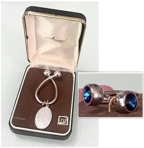ANSON Made in USA Blue Rivoli Topped Silver Tone Key Ring in Original Box UNUSED - Picture 1 of 17