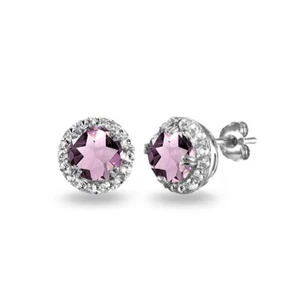 Halo Alexandrite CZ and White Topaz Stud Earrings in Sterling Silver - Picture 1 of 3