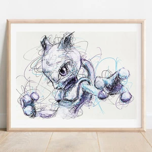 Estampado con bolígrafo Mewtwo, póster de arte de Pokémon - Imagen 1 de 3
