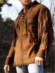 Men Western Cowboy Suede Fringe Shirt Native American Fringe Leather Jacket - Picture 1 of 6