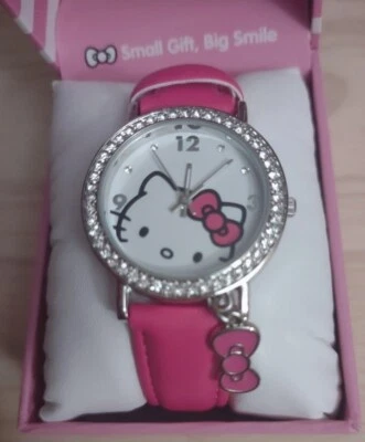 Hello Kitty Watch Silver Crystal Bezel Pink Bow Charm Leather Strap Y2K Bling - Image 1 of 4