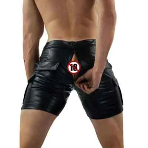 Men's Sexy Black Matte Leather Low Waist with Pocket Exotic PU Sexy Shorts - Picture 1 of 7