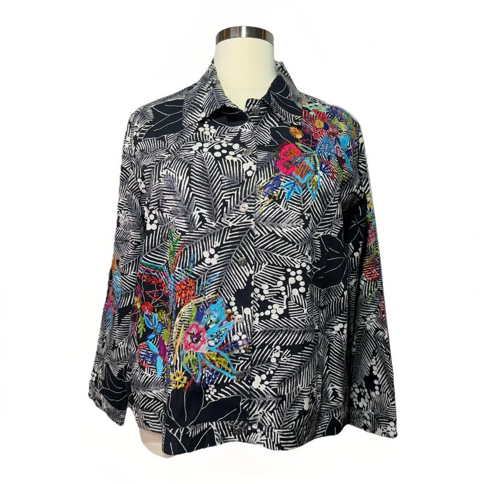 Laura Ashley 女式纽扣前夹克黑色花卉刺绣波西米亚女式 3X 码 — 第 1/4 张图片