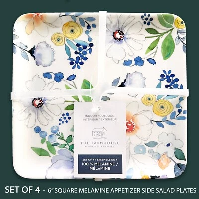 THE FARMHOUSE RACHEL ASHWELL 4 FARMHOUSE Rachel Ashwell 6" Square Melamine Plates Floral White Blue Multi