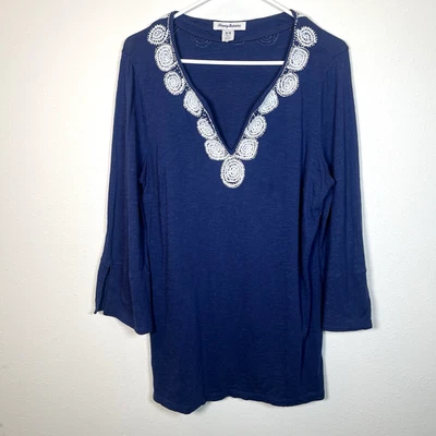 Tommy Bahama 束腰上衣女式蓝色白色串珠 3/4 袖 M 码棉混纺 — 第 1/4 张图片