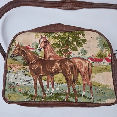 Bolso de Hombro Cartera Granja Estampado Tela Ecuestre Caballo Cuero Marrón Años 80 De Colección  Foto 1 de 4