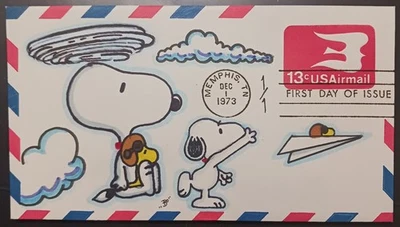 Cubierta de primer día de correo aéreo 1973 ~ dibujado a mano color 1/1 ~ cacahuetes - Snoopy (.13c) Foto 1 de 2