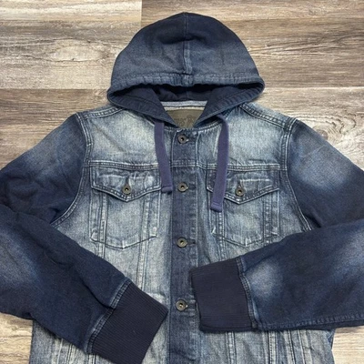 Chaqueta de camionero jean de mezclilla con capucha L lavado oscuro azul dos tonos PRPS para hombre Foto 1 de 4