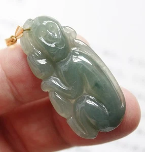Certified Jadeite Natural Grade A Untreated Icy Oily Green Jade Monkey Pendant - Picture 1 of 12