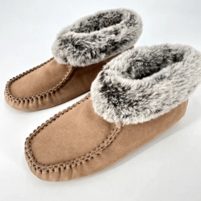 Vintage 90s Hush Puppies Leather Booties Moccasins Slippers Faux Fur Size 6 - Image 1 of 4