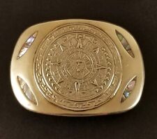 Vintage Aztec Calendar Belt Buckle With Abalone Shell Inlay 3 1/2" X 2 3/8"