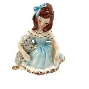 Vintage Ceramic 1960s Figurine Auburn Haired Girl with Cat Gold Accents - Picture 1 of 11