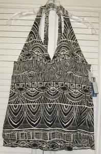 CROFT & BARROW Black White Abstract Padded Long Torso Halter Swim Tankini 12 NWT - Picture 1 of 4