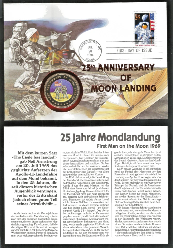 United States 1994 FDC + Coin Moon Landing Space Mondlandung Usa US Germany 25 - Image 1 of 1