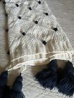 Pottery Barn Bobble Cable Knit Throw Ivory with Navy Pom Poms Tassels 50x60 FUN!