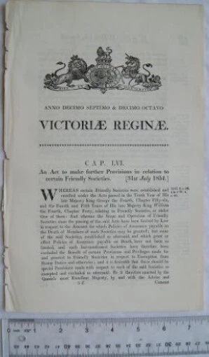 1854 Act of Parliament: Provisions certain Friendly Societies - Image 1 of 1
