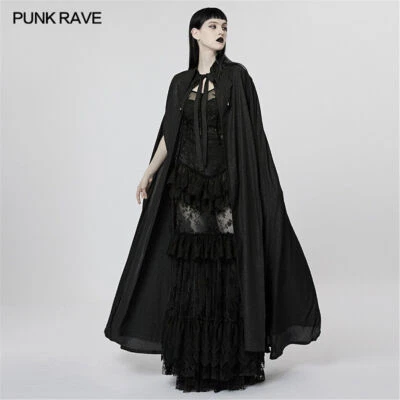 Punk Rave Women Black Gothic Printed Lapel Chiffon Lace Applique Cosplay Cloak - Image 1 of 4