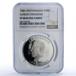 Paraguay 10000 guaranies Stroessner 8th Term Politics PF68 NGC silver coin 1988 - Picture 1 of 2