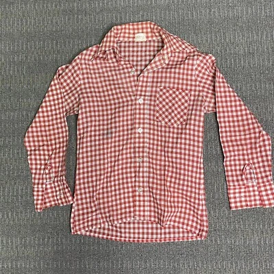 Vintage 1970s Boy's Flared Collar Single Stitch Check Dress Shirt Sz 12 - Image 1 of 4