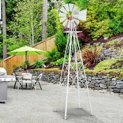 8 FT Outdoor Weather Rust Resistant Home Yard Garden 4-foot Iron Windmill White - Image 1 of 4