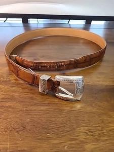 Brighton Onyx Leather Belt Men 38 Brown Croc Embossed Silver Keeper Tip - Picture 1 of 15