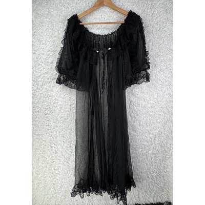 Vintage Black Lace Trim Sheer Nightgown Puff Sleeve Robe Full Length Goth Grunge - Image 1 of 4