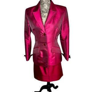Vintage Badgley Mischka Damen Seide Wolle Magenta Struktur Blazer Luxus Rock Gr. 8 - Bild 1 von 21