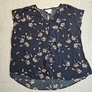 Liz Claiborne Top Womens PXXL Button Up High Low Dark Blue Flower Print - Picture 1 of 9
