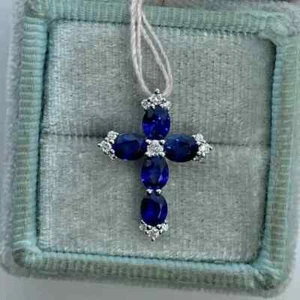 2.00Ct Oval Cut Lab Created Blue Sapphire Cross Pendant 14K White Gold Plated - Picture 1 of 5