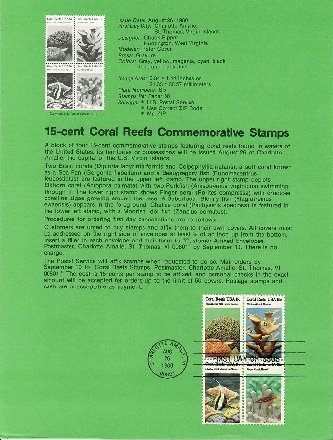 U.S. Coral Reefs, U.S. Stamp SOUVENIR PAGE, COVER, (4)US 15¢,  Issued 1980 - Image 1 of 1
