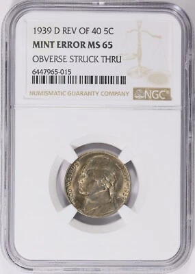 MINT ERROR STRUCK THRU  1939-D Reverse 1940 JEFFERSON NICKEL NGC MS65 - Image 1 of 2