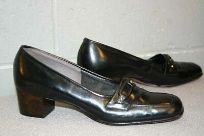 7 N Black VTG 70s Loafers Shoes FLORSHEIM Ramblers Leather Chunky Block Heel - Image 1 of 4