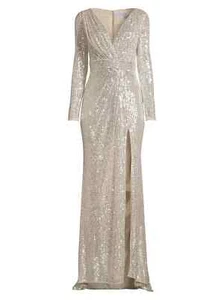 Mac Duggal Pailletten Langarm Abendkleid Verzierungen Größe 14 Silber - Bild 1 von 13