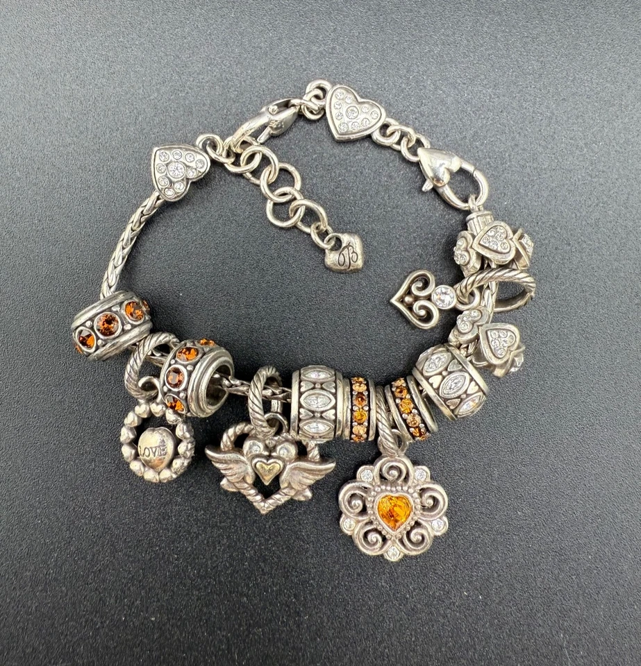 "Pulsera deslizante vintage Brighton Charm Love marrón naranja estrás deslizante 6,5""" Foto 1 de 4