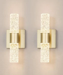 Crystal LED Wall Sconces Set of 2, Brushed Gold Bathroom Light Fixtures, Mode... - Picture 1 of 9